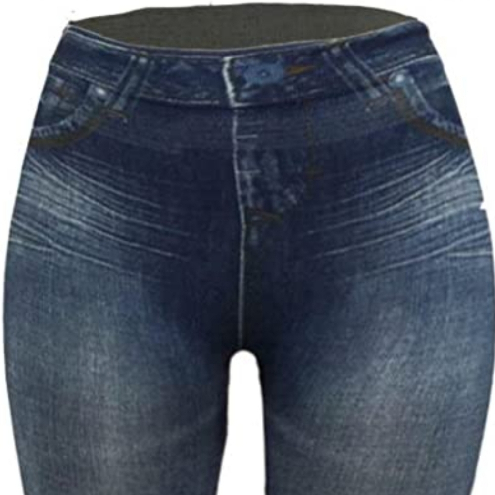 Women's Denim Print Fake Jeans Seamless Fleece Lined Leggings, Full Length